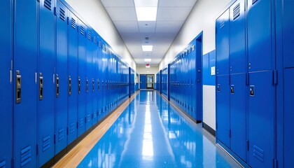 A spacious school hallway, lined with rows of vibrant blue lockers, extends into the distance, showcasing a clean and organized environment.