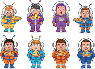 Cute astronauts holding pizza slices, funny space characters, kids in spacesuits, cartoon aliens eating pizza, space food, playful astronauts, outer space fun