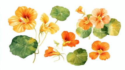 Obraz premium A collection of watercolor illustrations featuring vibrant orange and yellow nasturtium flowers and green leaves