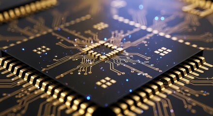 Close-up view of a complex microchip with intricate golden circuitry and glowing blue particles, representing advanced technology and data processing.