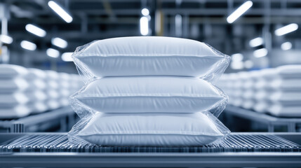 Pillow factory, Pillow wrapping machine sealing clear pillows for packaging and storage.