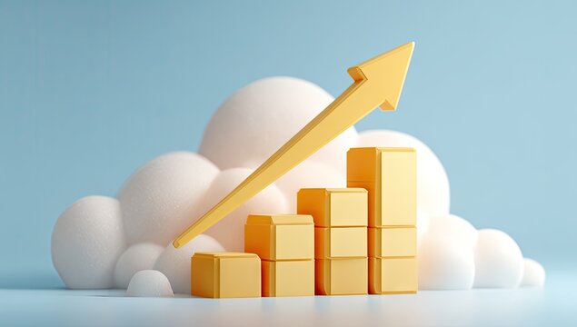 A stylized, upward-trending bar graph, rendered in a light gold tone, sits atop a cluster of soft, white shapes, conveying a sense of growth and progress.