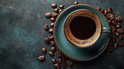 A cup of black coffee with a saucer on a dark green background, surrounded by coffee beans.