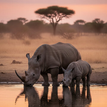 Rhino Mother and Calf Drinking at Sunset