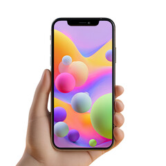 Hand holding a smartphone with vibrant abstract wallpaper