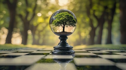 A crystal ball with a tree inside, placed on a chessboard in a forest setting.