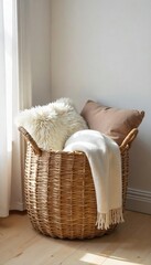 Rustic woven loft basket overflowing with fluffy, natural-toned throws and blankets, adding cozy texture to a minimalist interior Perfect for storage and home decor , comfortable, blanket basket