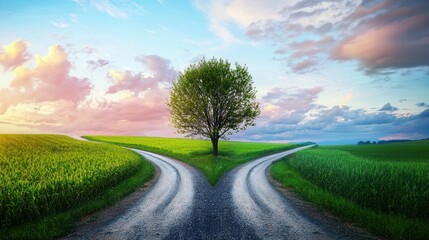 A tree stands at a crossroads with two paths leading in different directions, surrounded by lush green fields under a vibrant blue sky with scattered clouds.