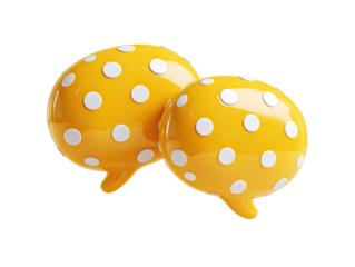 Two cartoonish yellow speech bubbles with white polka dots