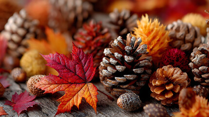 Autumn leaves and pine cones create a vibrant seasonal background