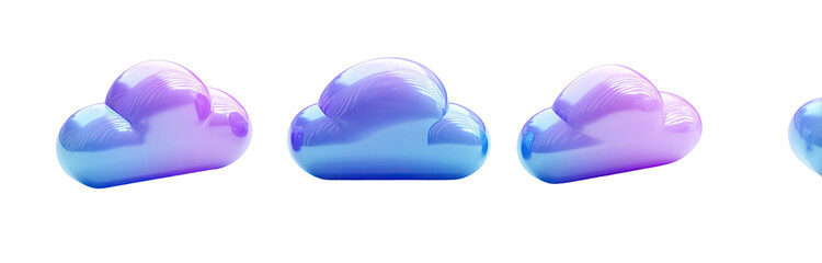 Three stylized, pixelated clouds in a gradient of blues and purples