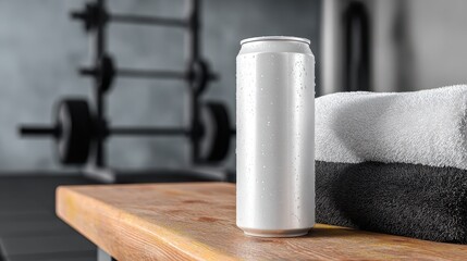 Naklejka premium Refreshing Drink Can on Bench with Gym Equipment in Background