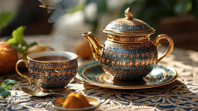 Aromatic Tea in Ornate Golden Tea Set