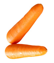 Side view of two fresh orange carrot roots in stack isolated on white background with clipping path