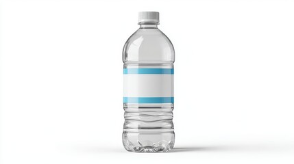 Clear Plastic Water Bottle with White and Blue Label Design