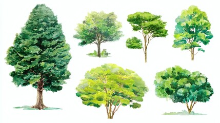 Fototapeta premium A collection of watercolor illustrations of various trees, showcasing different shapes and sizes, with lush green foliage