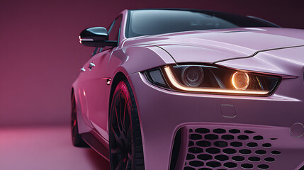 Minimal copy space, edge of pale purple car, close up bokeh photoshoot for dark background product advertising