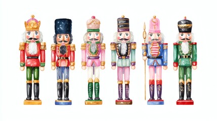 A collection of colorful nutcracker figurines in various uniforms and poses, showcasing traditional holiday decorations