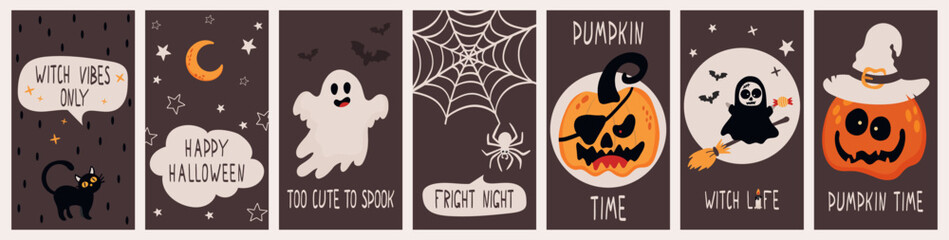 Halloween social media posters with cute spooky characters and typography