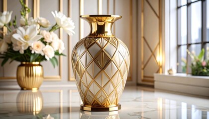 A decorative, art deco-inspired vase with gold and cream diamond patterns stands out against a luxurious, elegant room setting.