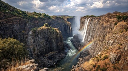 Victoria Falls Waterfall with River Gorge and Rainbow