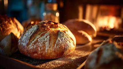 rustic artisan bread baking closeup photography warm kitchen setting golden crust homemade loaf recipe culinary delight comforting baked goods traditional meal and flour dusted
