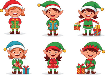 Cute Christmas elves holding gifts, happy holiday characters, festive cartoon elves, colorful winter illustrations, Christmas celebration, joyful gift-giving elves