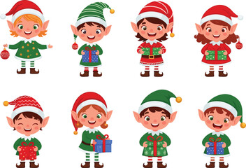 Cute Christmas elves holding gifts and ornaments, happy holiday characters, festive cartoon elves, colorful winter illustrations, Christmas celebration, joyful gift-giving elves