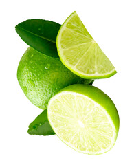 Front view of fresh green lemon fruit with half in circle shape and  quarter with green leaves in...