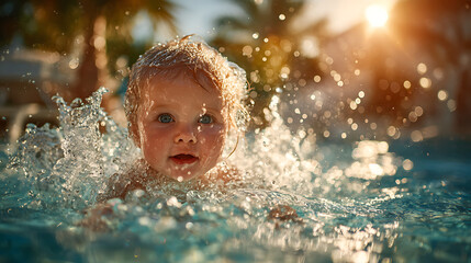Obraz premium Baby joyfully splashes in a sunlit pool on a warm summer day