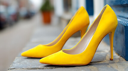 Elegant yellow high heels showcased in a fashion display during the day