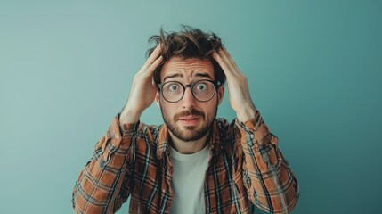 A man with glasses and a beard, wearing a plaid shirt, standing against a blue background with his hands on his head.