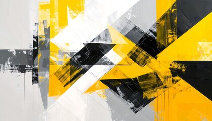 A vibrant abstract design, featuring bold strokes of yellow, black, and gray, creates a dynamic interplay of shapes and colors.