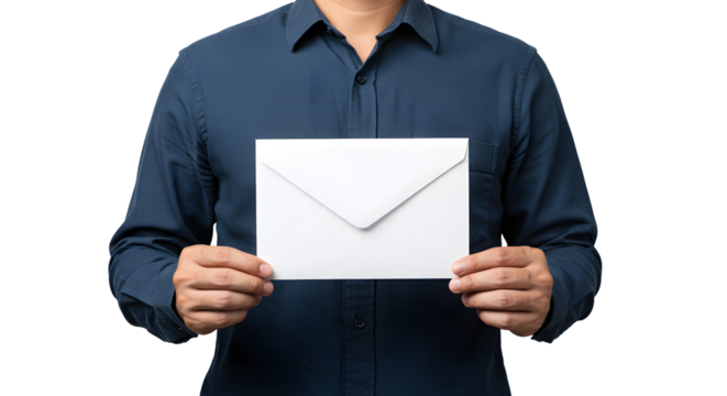 Person holding white envelope against a Transparent Background close up