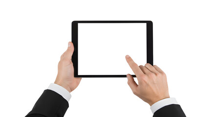 Person holding tablet with blank screen ready for content display