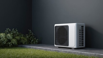 Modern, minimalist outdoor air conditioning unit against a dark wall, surrounded by lush greenery.