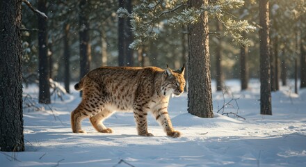 Obraz premium Lynx walking in snowy forest