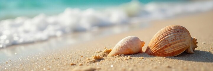 Close-up of seashells on a sandy beach, gentle waves lapping, conveying serenity and peaceful auditory imagery Perfect for relaxation, meditation, and spa themes , escape, seaside