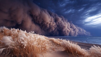 Dust Storm Rolling Over Water, Dramatic Weather Phenomenon.
