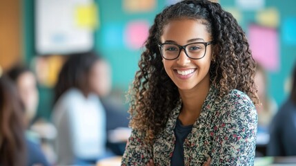 A young woman with curly hair and glasses smiling in a classroom.