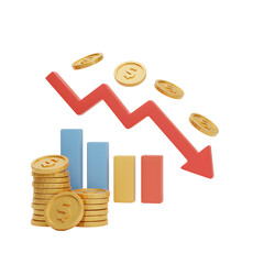 Decreasing Financial Graph with Stacked Coins and Falling Red Arrow