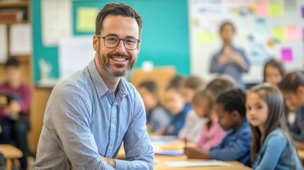 A smiling teacher standing in front of a classroom with children in the background.