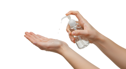 Applying Hand Sanitizer from a Clear Pump Bottle for Hygiene