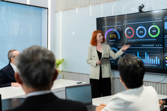 Professional businesswoman presenting data analytics on a large digital screen during a corporate meeting, highlighting performance metrics, teamwork, and technology-driven business strategy. - Powered by Adobe