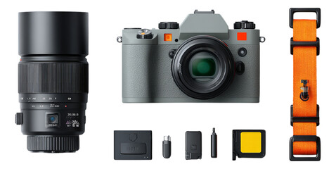 Gray Camera with Lens and Accessories on Transparent Background