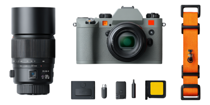 Gray Camera with Lens and Accessories on Transparent Background