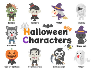 ハロウィンのキャラクターアイコンのイラストセット
