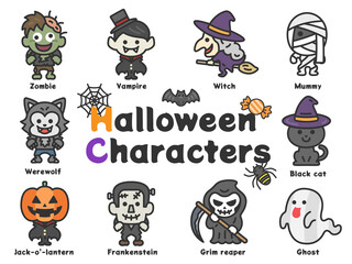 Obraz premium ハロウィンのキャラクターアイコン（線画カラー）のイラストセット