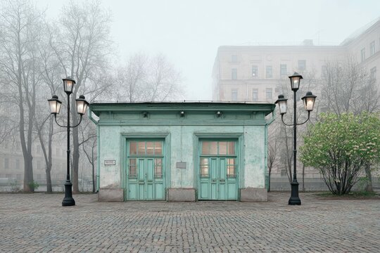 Atmospheric view of a vintage building flanked by street lamps on a misty day.