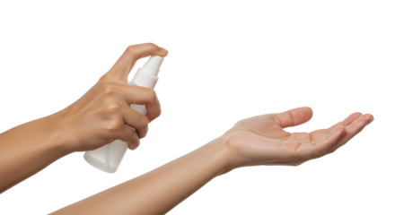 Spraying sanitizer onto hand with white bottle for hygiene purpose